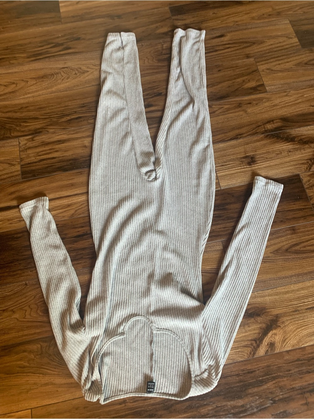 SHEIN Ribbed Long-Sleeve Jumpsuit in Light Beige